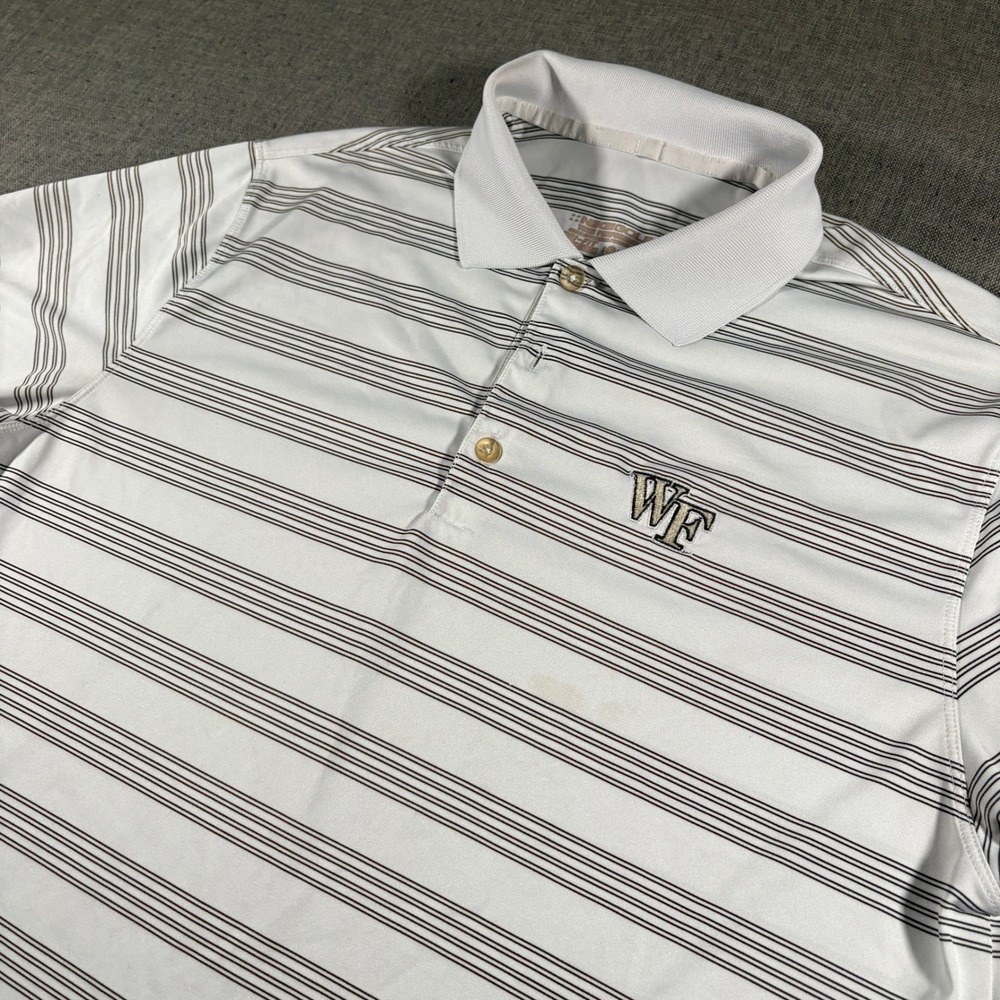 Nike Golf Polo Shirt Mens L White Brown Striped Wake Forest WF ACC Dri-FIT